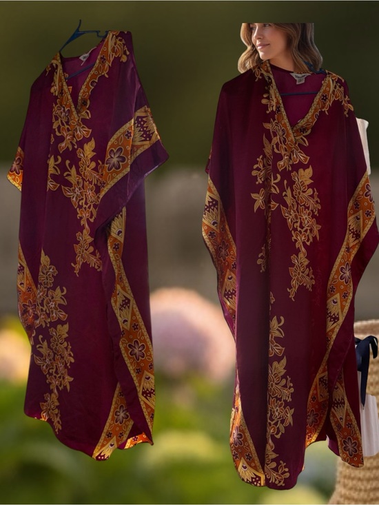 Winlar Dresses & Skirts - Women's Maxi Caftan Dress in Burgundy with Gold Floral Print
